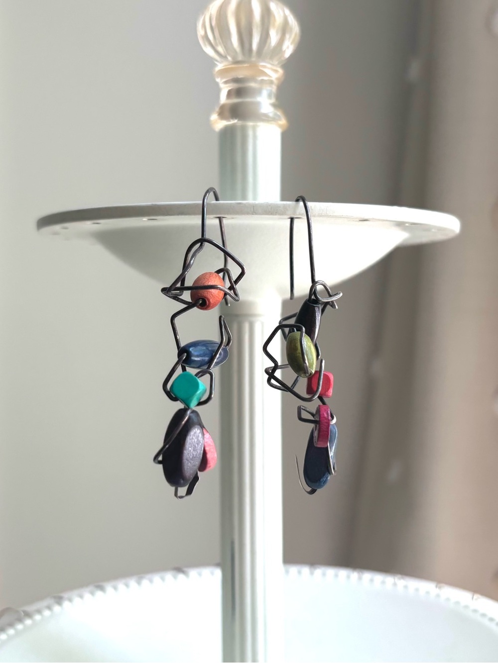 80s Vintage Colorful Geometric Abstract Metal Beaded Drop Earrings